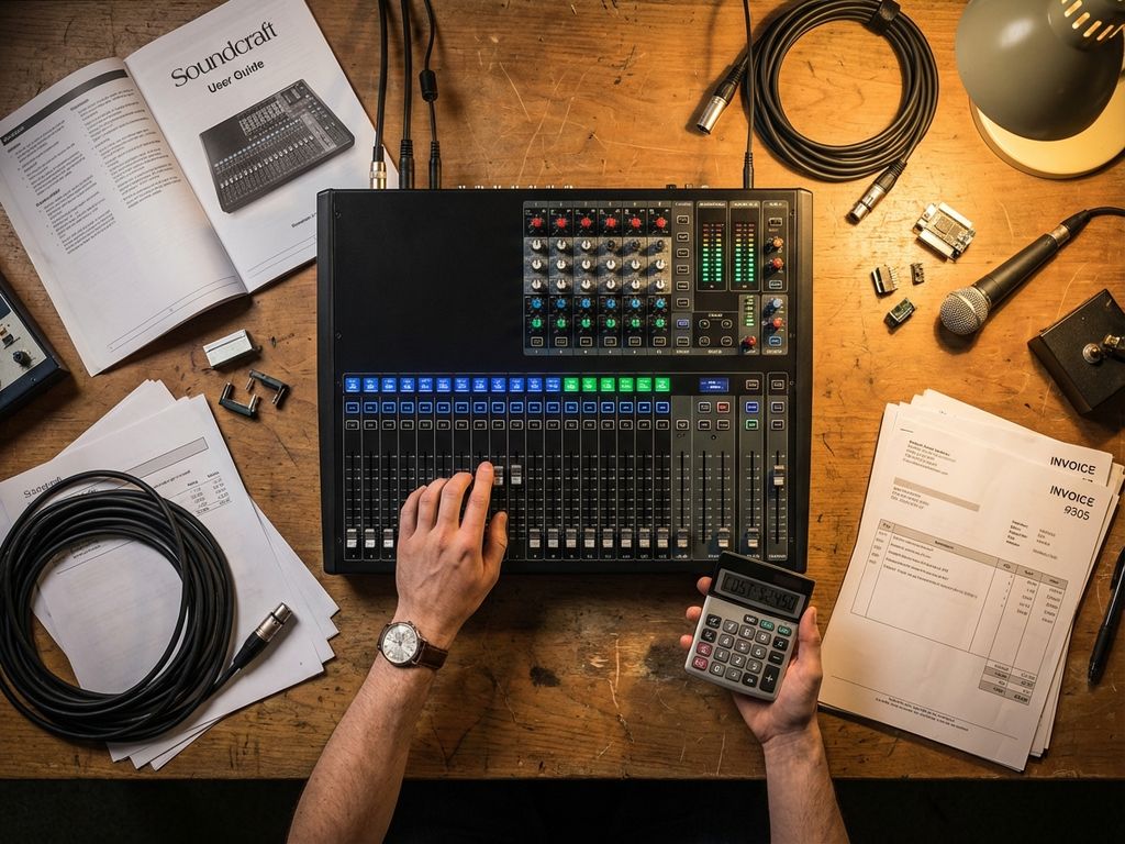 Handen bedienen professionele audiomixer met calculator voor kostenberekening op houten bureau met kabels en microfoons