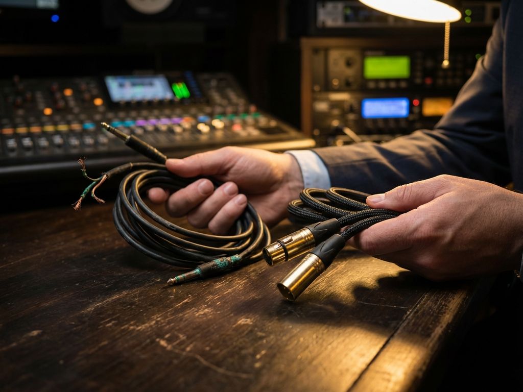 Zakenman houdt oude versleten audiokabel en nieuwe professionele kabel met gouden connectoren op bureau in studio