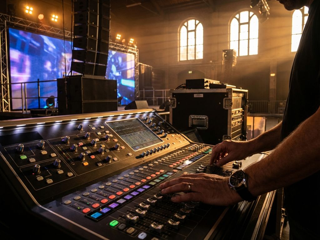 Professionele geluidstechnicus bedient mengpaneel in evenementenlocatie met podiumverlichting en LED-schermen