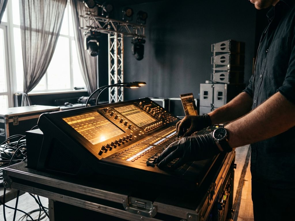 Professionele audiotechnicus bedient mengpaneel in controlekamer met verlichte faders en audioapparatuur op achtergrond