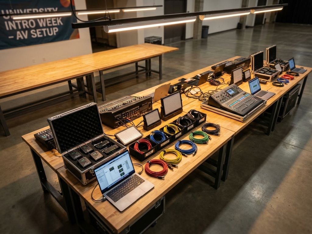 Professionele audiovisuele apparatuur georganiseerd op tafels voor universitaire introductieweek evenement setup