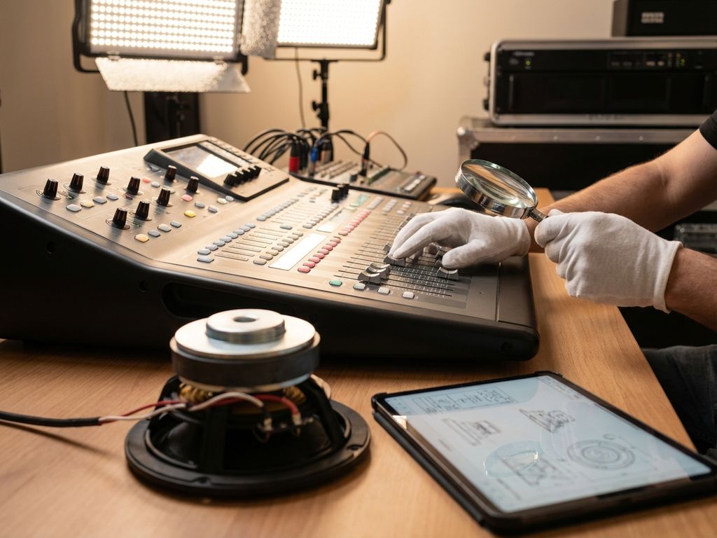Handen inspecteren professionele audiomixconsole met knoppen en faders in moderne studiowerkruimte