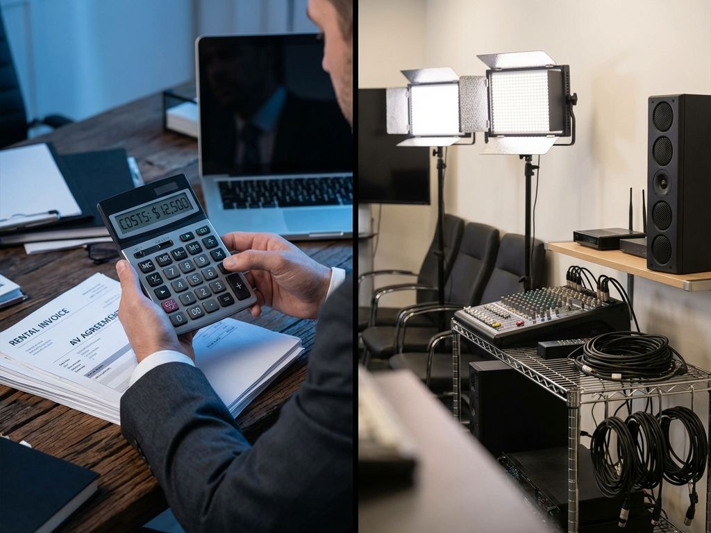 Zakelijke vergelijking van audiovisuele apparatuur huren versus in-house aanschaf met calculator en facturen