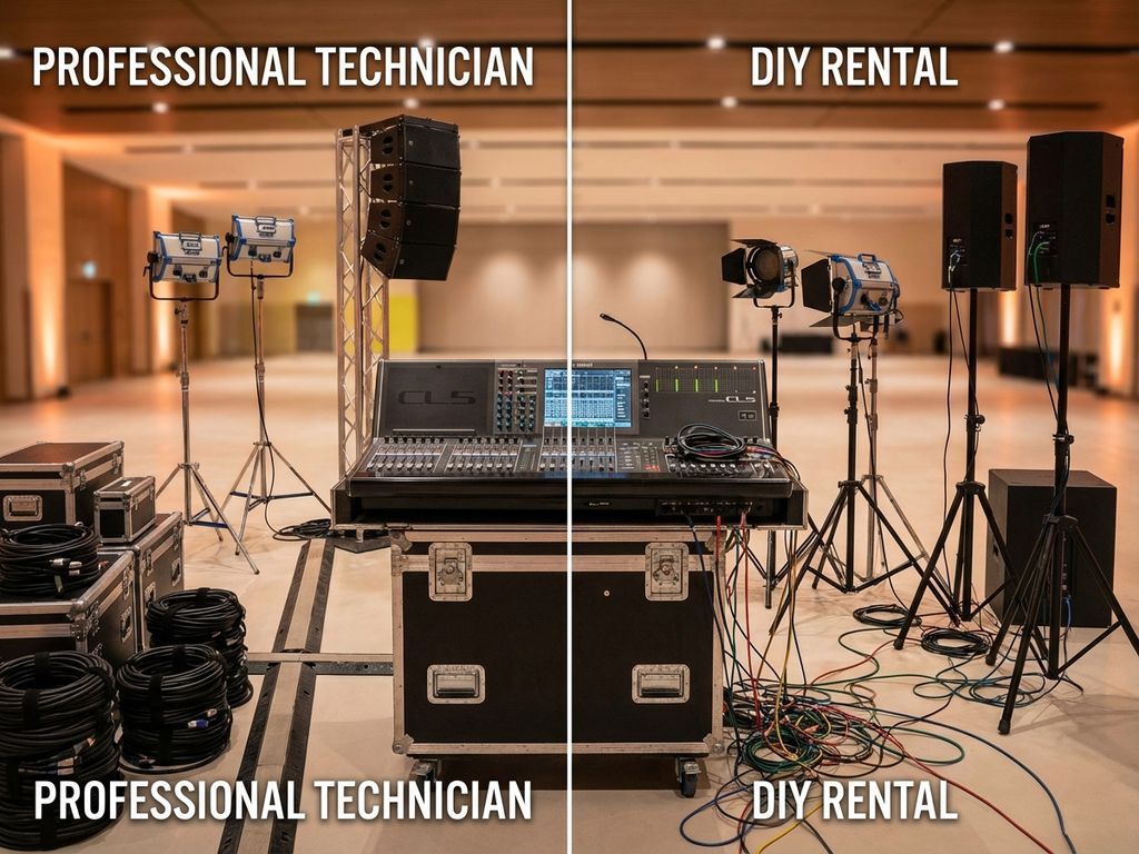 Professionele audiovisuele apparatuur versus doe-het-zelf opstelling met speakers, verlichting en mengpanelen in evenementenlocatie