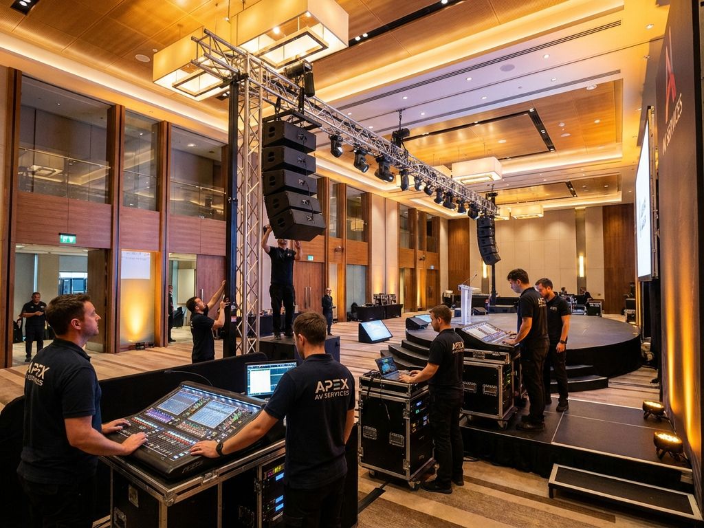 Professionele audiovisuele technici installeren hoogwaardige apparatuur in moderne conferentielocatie met sfeerverlichting