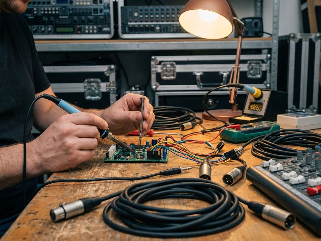 Handen werken met professionele audiovisuele apparatuur en kabels op technische werkbank met gereedschap