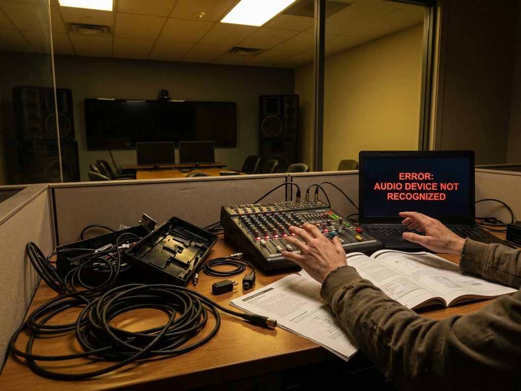 Gefrustreerde persoon probeert defecte audioapparatuur te repareren op rommelig bureau met verwarde kabels en handleidingen