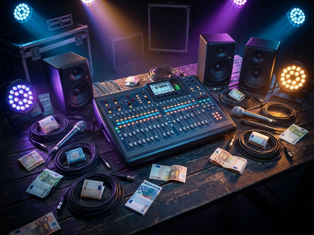 Professionele audioapparatuur met mengpaneel, microfoons en speakers op donker hout met dramatische studiobelichting