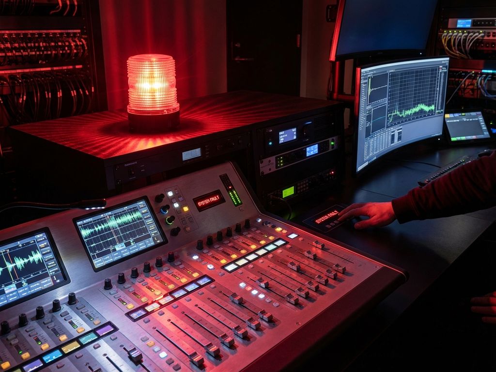 Professionele audioapparatuur in controlekamer met rode waarschuwingslamp en verlichte mengpanelen en monitors