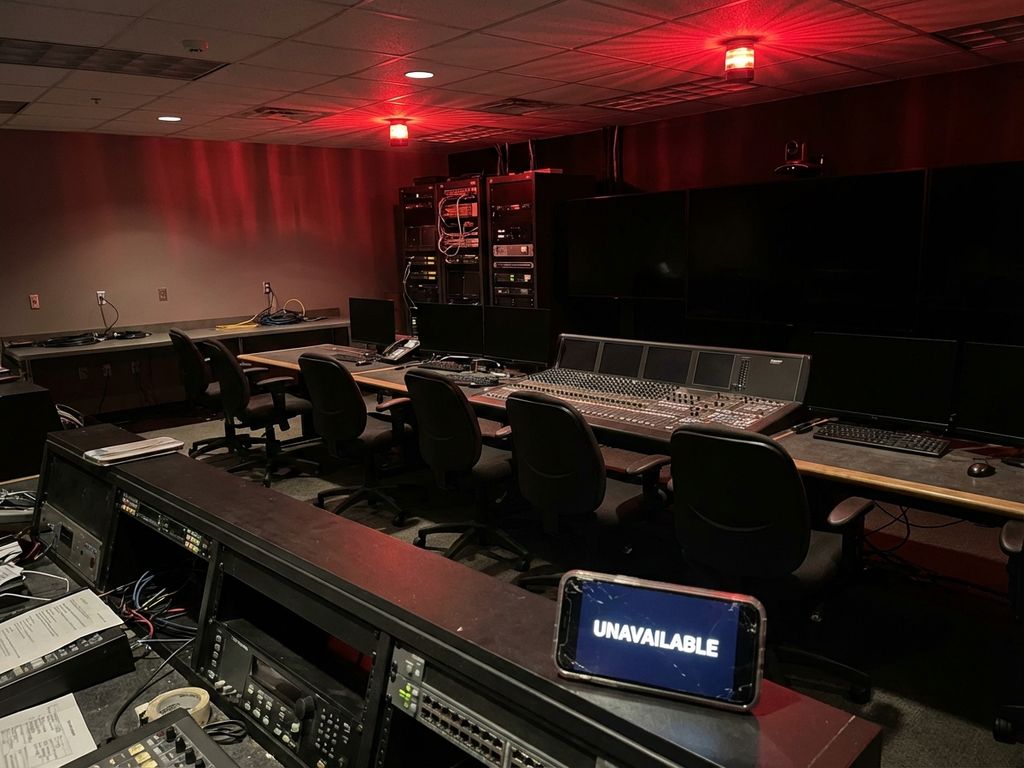 Smartphone toont "UNAVAILABLE" bericht in donkere audiovisuele controlekamer met lege operatorsstoelen en rode noodverlichting