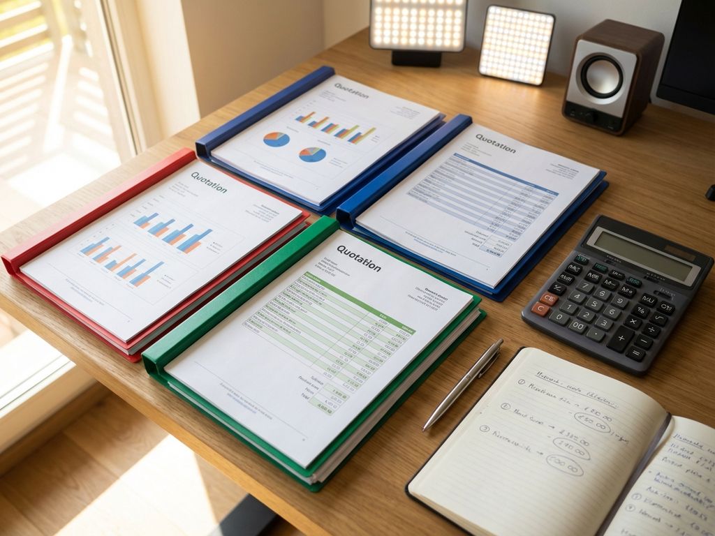 Bureaudesktop met uitgespreide offertes, rekenmachine en pen voor prijsvergelijking van audiovisuele apparatuur