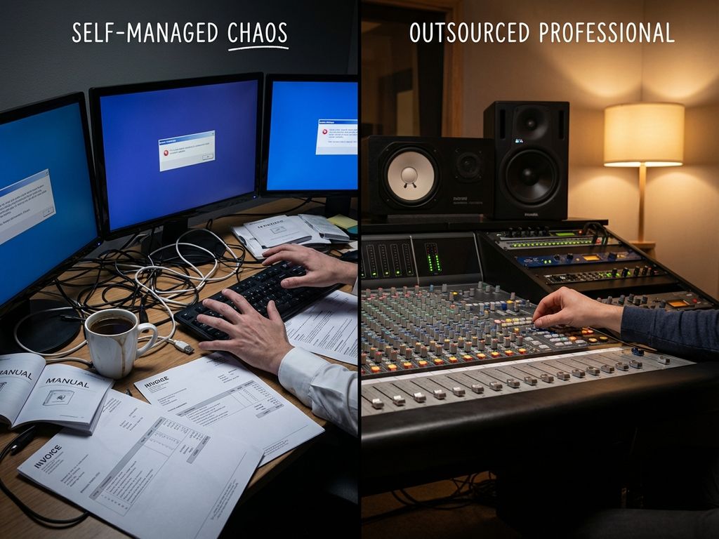 Gesplitst beeld toont rommelig kantoor met gestresste zakenman links en georganiseerde AV-werkplek rechts