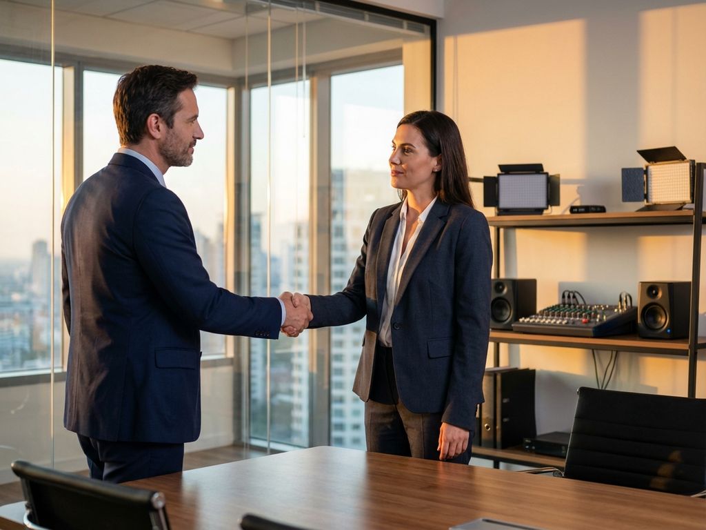 Twee zakenmensen schudden handen aan conferentietafel met audiovisuele apparatuur op achtergrond in modern kantoor