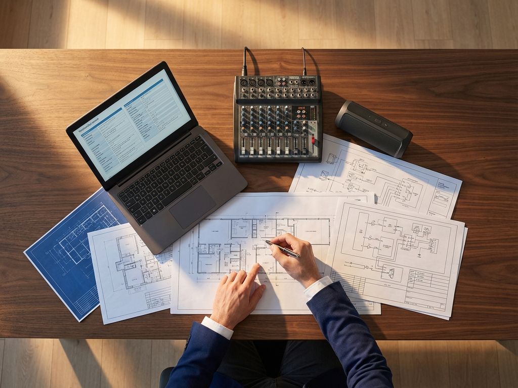 Professionele handen wijzen naar audiovisuele blauwdrukken op bureau met mengpanelen en laptop met technische specificaties