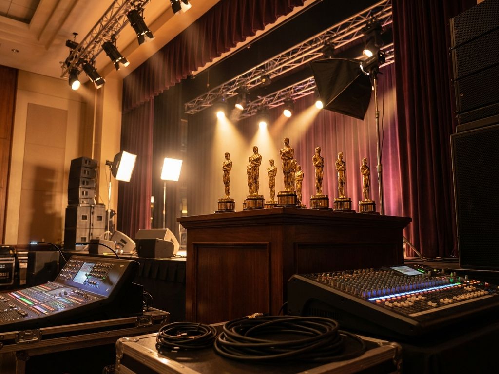 Gouden trofeeën op podium met professionele audiovisuele apparatuur en verlichting voor prestigieuze prijsuitreiking