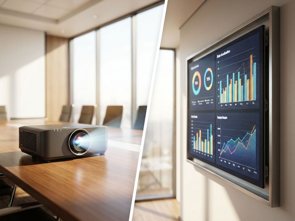 Professionele beamer en LED-scherm naast elkaar in moderne vergaderruimte, vergelijking audiovisuele technologieën