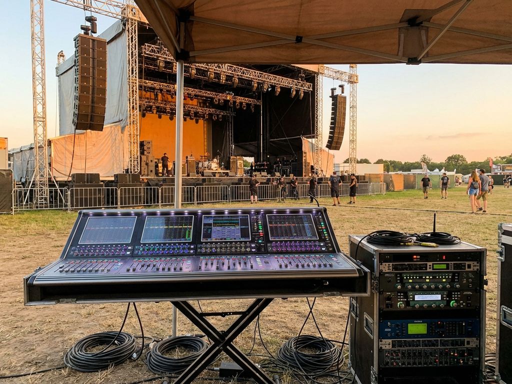 Professioneel concertpodium met grote luidsprekersystemen en mengpaneel tijdens gouden uur op festivalterrein