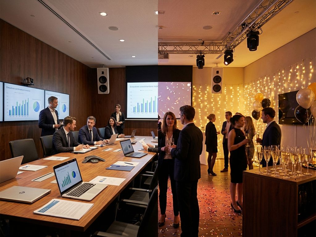 Elegante vergaderruimte die overloopt in feestlocatie met professionele apparatuur en warme sfeerverlichting