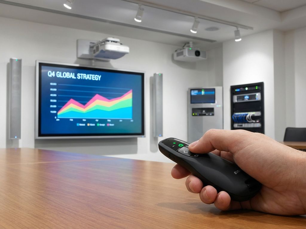 Moderne vergaderruimte met groot wandscherm, draadloze presenter afstandsbediening en professionele AV-apparatuur