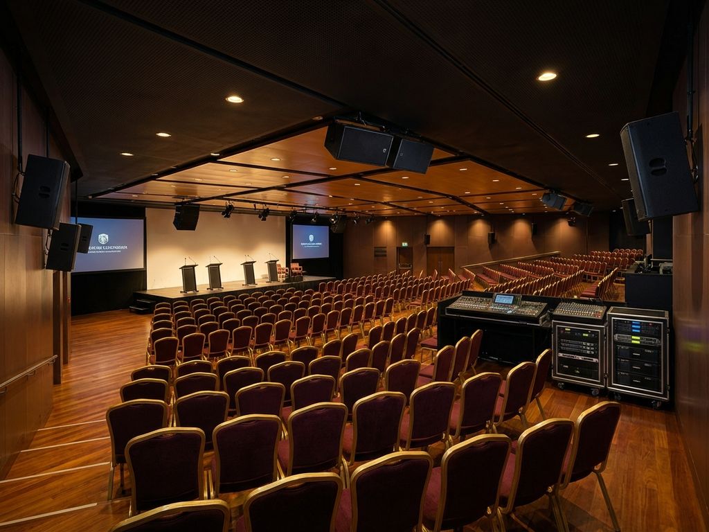 Professionele conferentiezaal met elegante stoelen, modern podium en geavanceerde audioapparatuur in warme verlichting