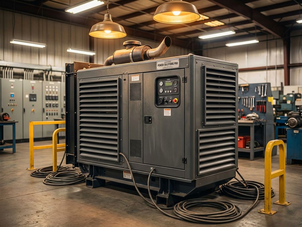 Professionele dieselgenerator in industriële werkplaats met bedieningspanelen en koelventilatieroosters