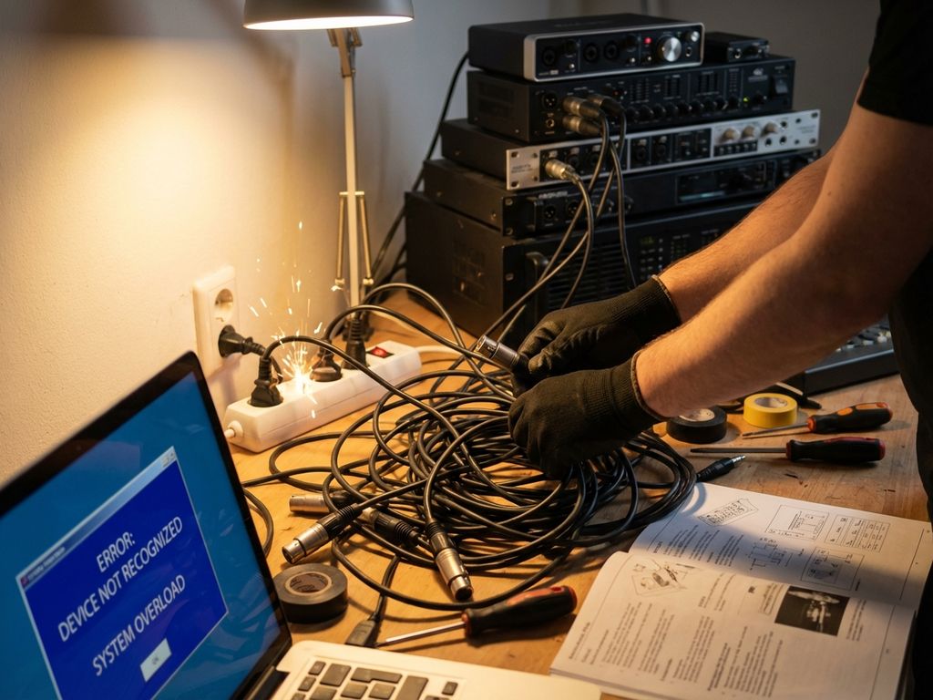 Handen worstelen met verstrengelde audiokabels en defecte apparatuur op bureau, vonken uit overbelaste stekkerdoos