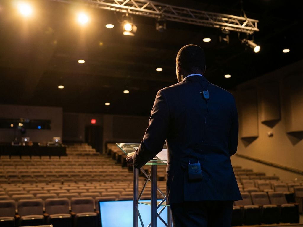 Professionele spreker met draadloze microfoon op podium in verlicht auditorium tijdens presentatie