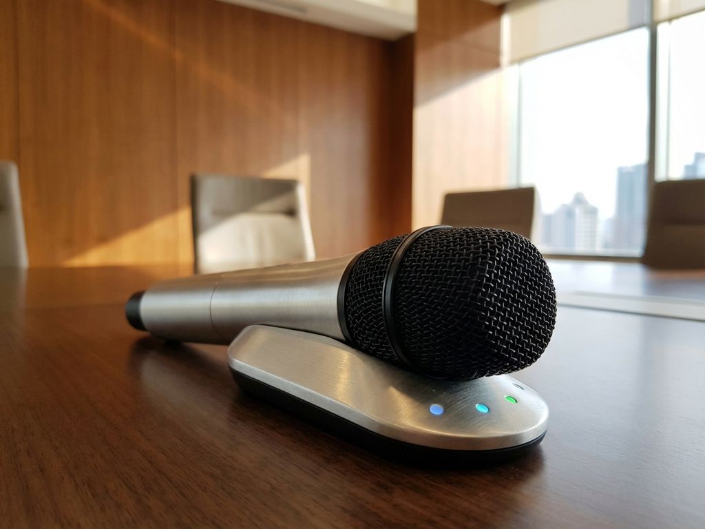 Professionele draadloze microfoon met zilver-zwarte behuizing op conferentietafel in moderne vergaderruimte