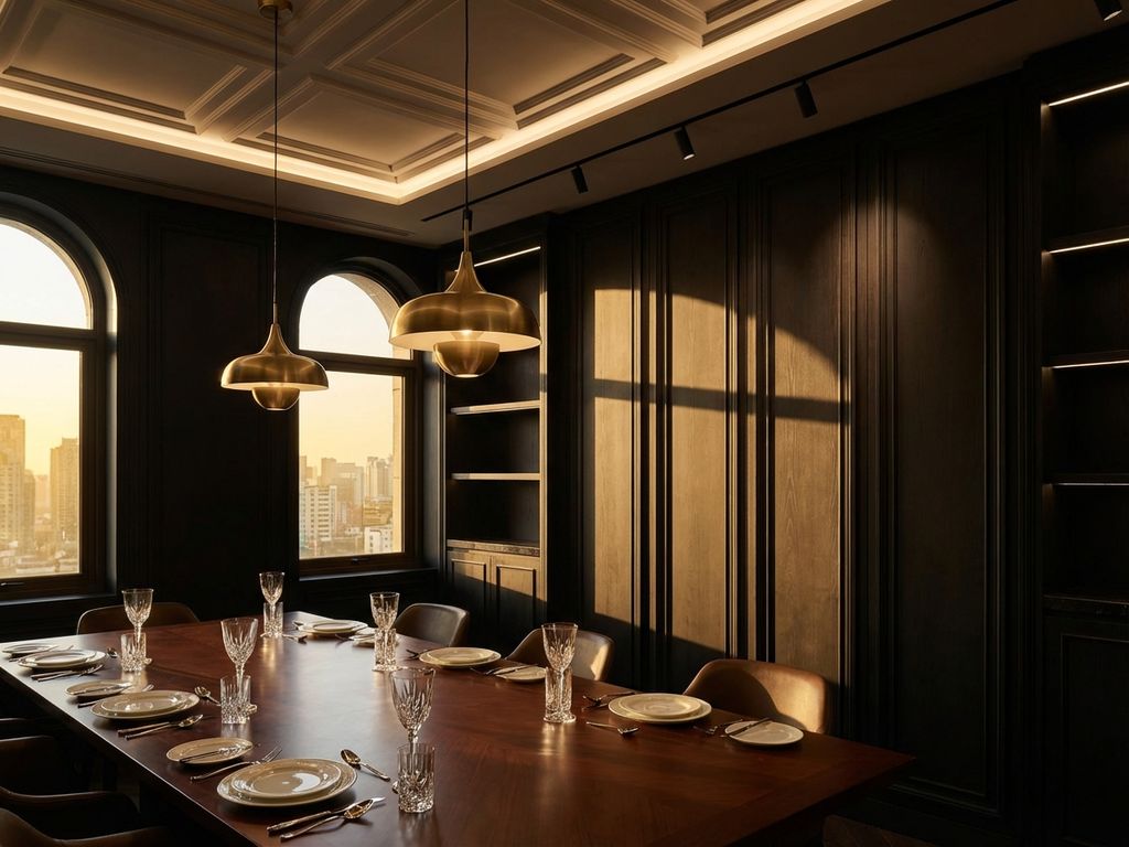 Elegante zakelijke eetkamer met mahonie tafel, kristallen glazen en warme verlichting van moderne hanglampen