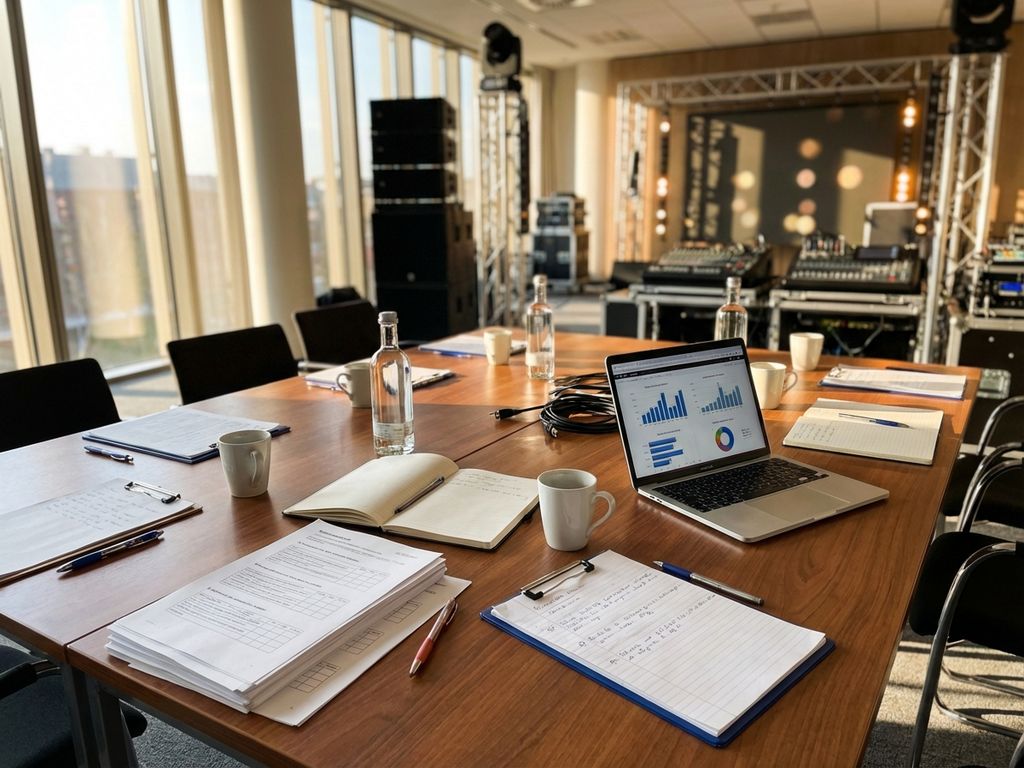 Vergadertafel met evaluatieformulieren, laptop met prestatiegrafieken en audiovisuele apparatuur op achtergrond