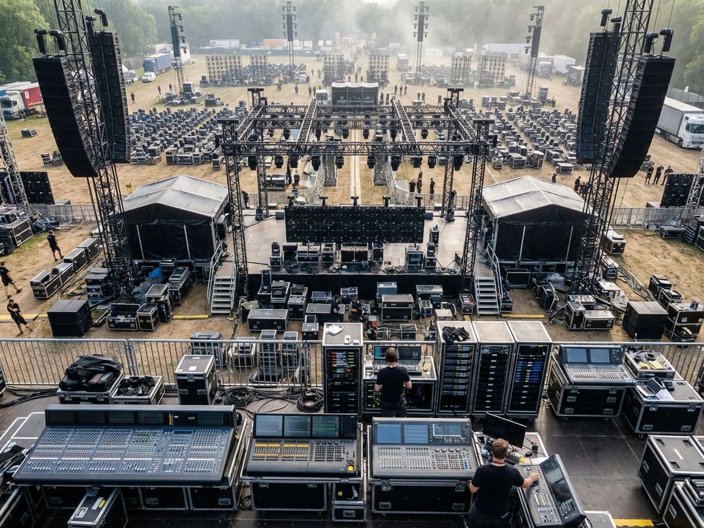 Luchtfoto van groot outdoor evenement met geluidstorens, lichtinstallaties, meerdere podia en mixpanelen op uitgestrekt veld