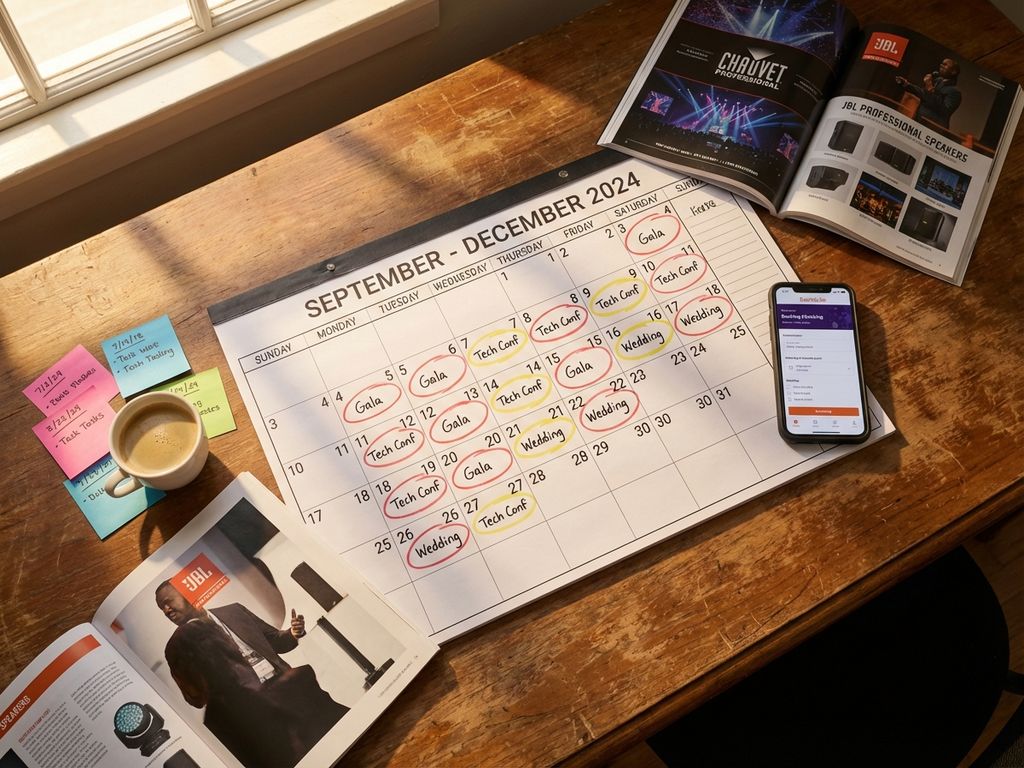Bovenaanzicht van eventplanner bureau met wandkalender, gekleurde markeringen, catalogi en smartphone met boekings-app