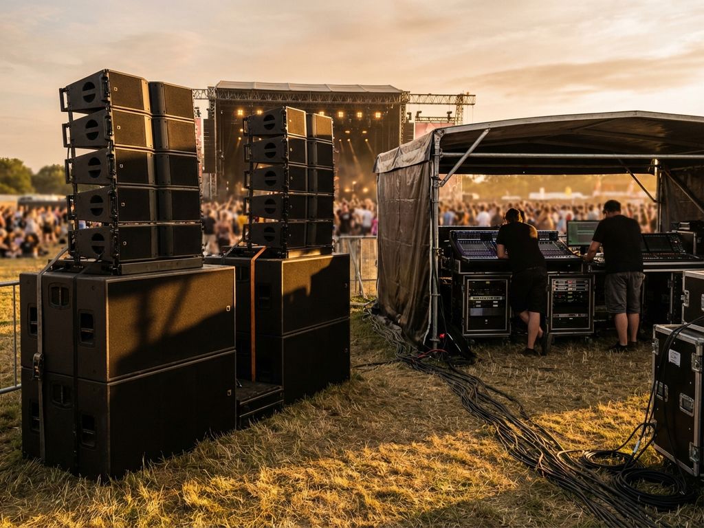 Professionele geluidsapparatuur met zwarte speakertorens en mengpanelen op festivalterrein tijdens gouden uur