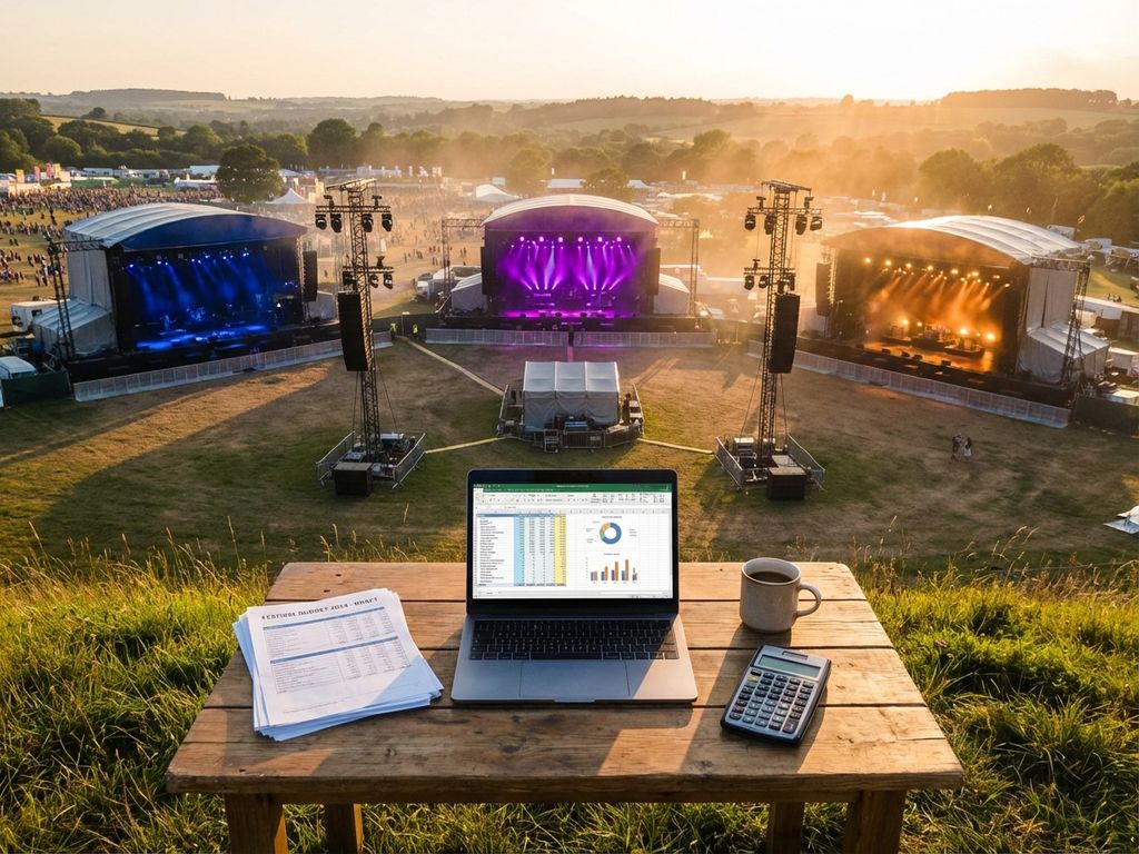 Budgetplanningsdocumenten op tafel met festival podia met professionele verlichting op achtergrond tijdens gouden uur
