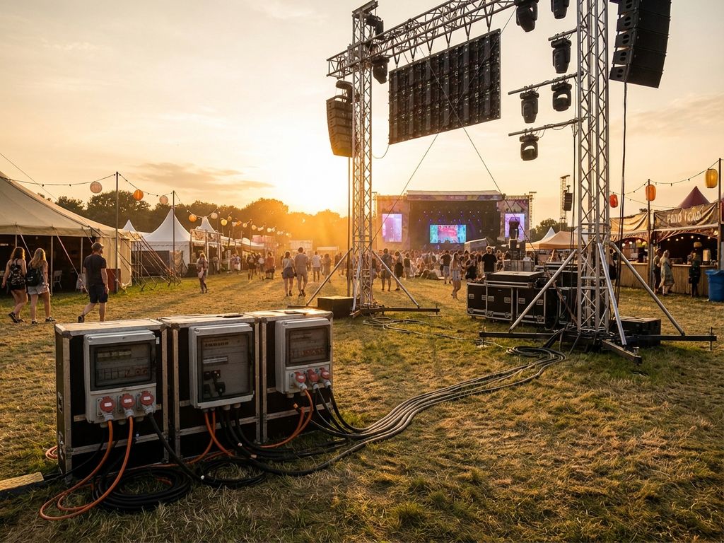 Festivalevenement tijdens gouden uur met elektrische distributieboxen, stroomkabels en verlichte podia op grasveld