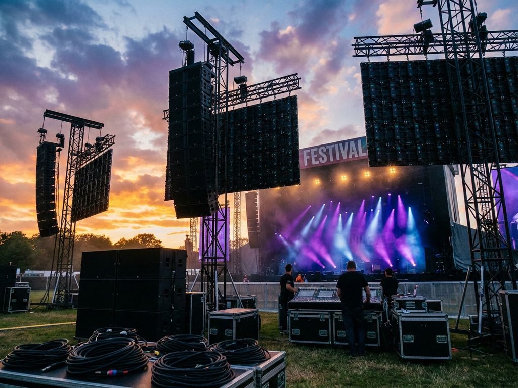 Professioneel festivalpodiumpodium met hoge speakers en kleurrijke LED-verlichting tegen dramatische zonsonderganglucht