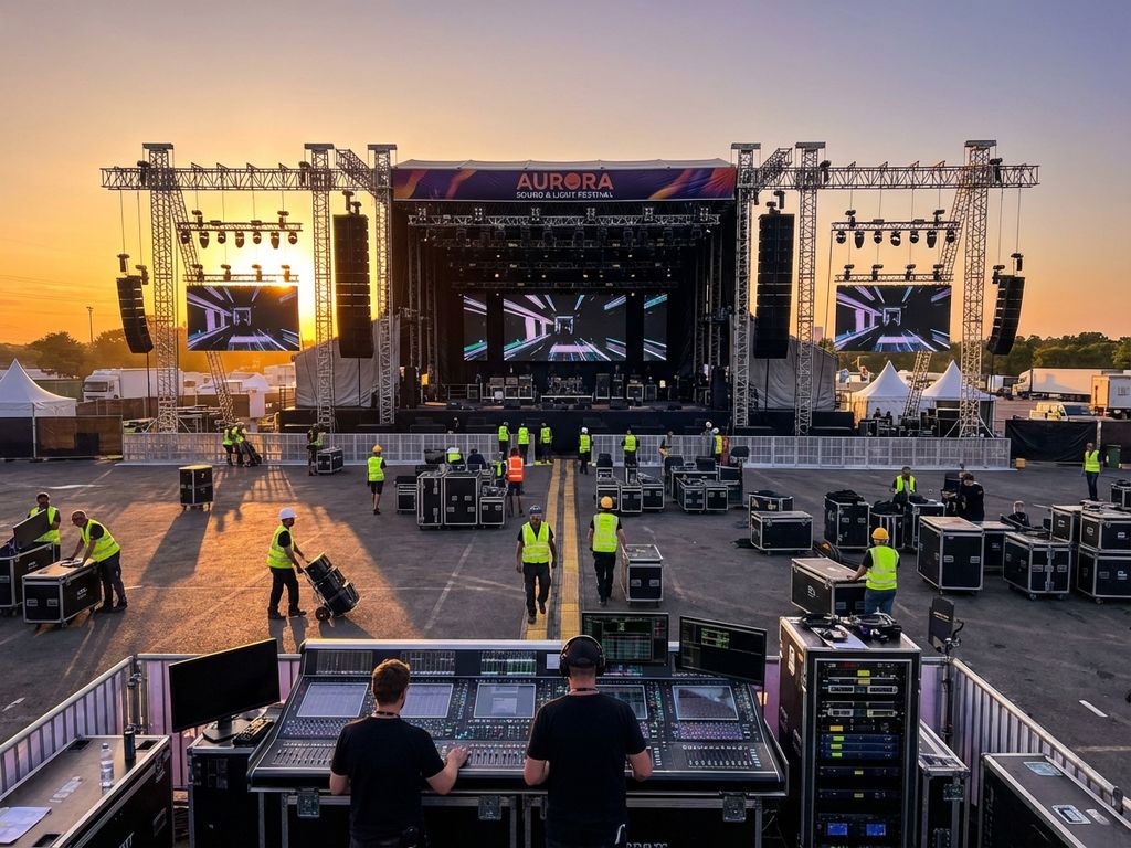Professionele festivalproductie met grote buitenpodium, geluidstorens, lichtinstallatie en crew tijdens gouden uur