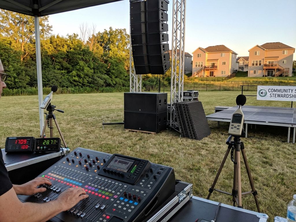 Professionele geluidsopstelling tijdens gouden uur met ingenieur die audio-apparatuur bedient, ver van woongebouwen