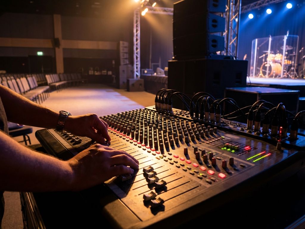 Geluidstechnicus bedient mengpaneel met verlichte faders en LED-meters in evenementenlocatie met podiumverlichting