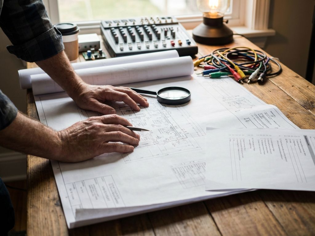 Handen bekijken technische blauwdrukken en kwaliteitscontrole checklists op bureau met audiovisuele apparatuur op achtergrond
