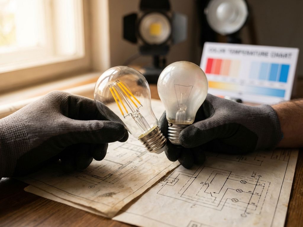 Handen houden moderne LED-lamp en traditionele gloeilamp boven blauwdrukken voor verlichtingsplanning vergelijking