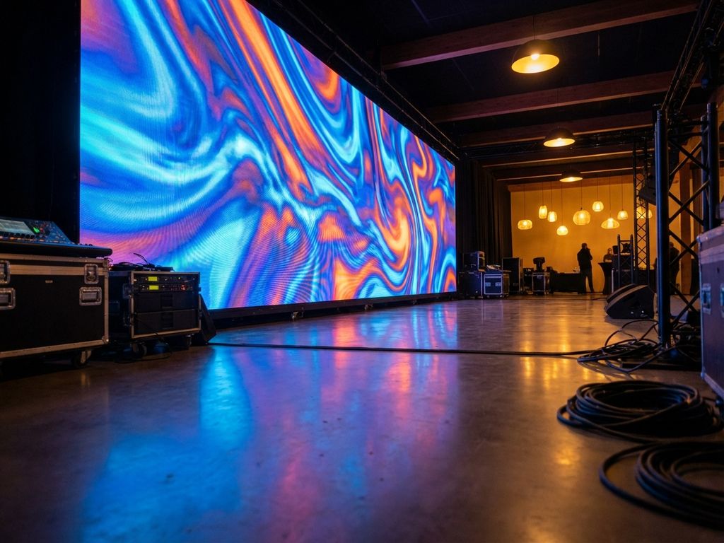 Groot LED-scherm met levendige kleuren op professioneel evenement met audioapparatuur en warme sfeerverlichting