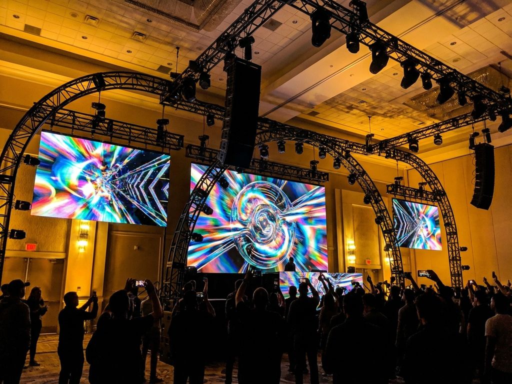 Professioneel evenement met grote LED-schermen op zwarte truss-structuren, bezoekers op de voorgrond voor schaalvergelijking