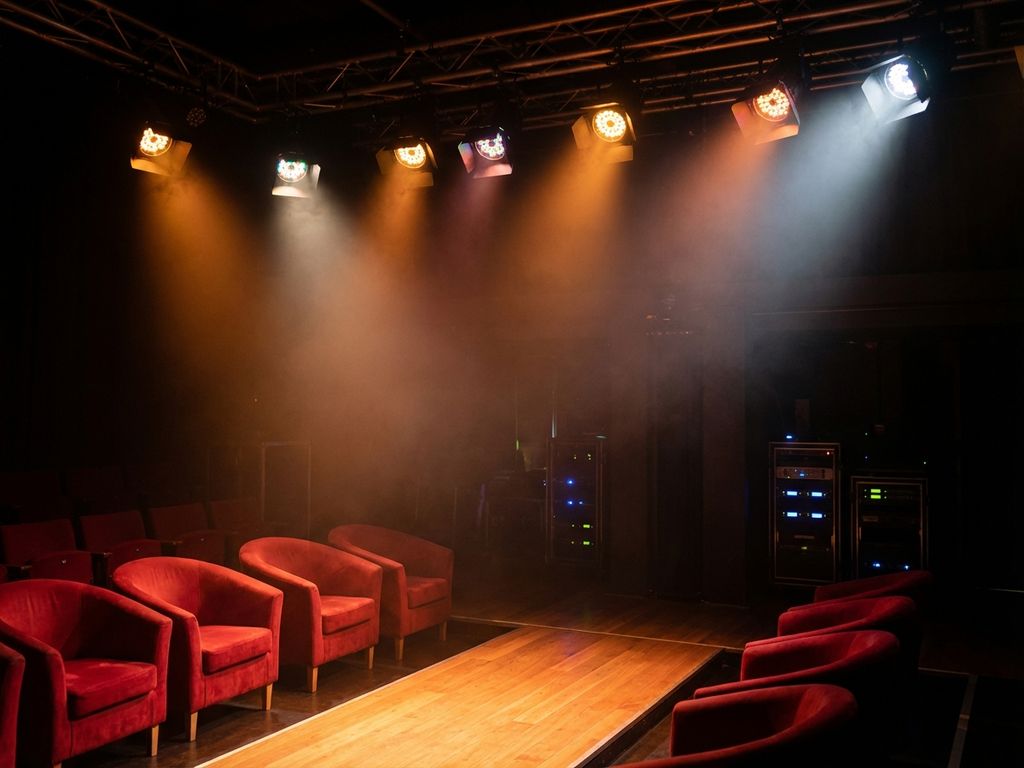 Intiem theater met rode fluwelen stoelen, houten podium en professionele LED-verlichting met warme amber en koele witte tinten