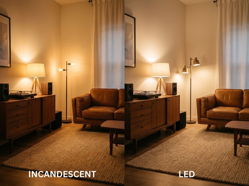 Vergelijking van moderne woonkamer met traditionele gloeilampen (links) versus LED-verlichting (rechts) met warme sfeer