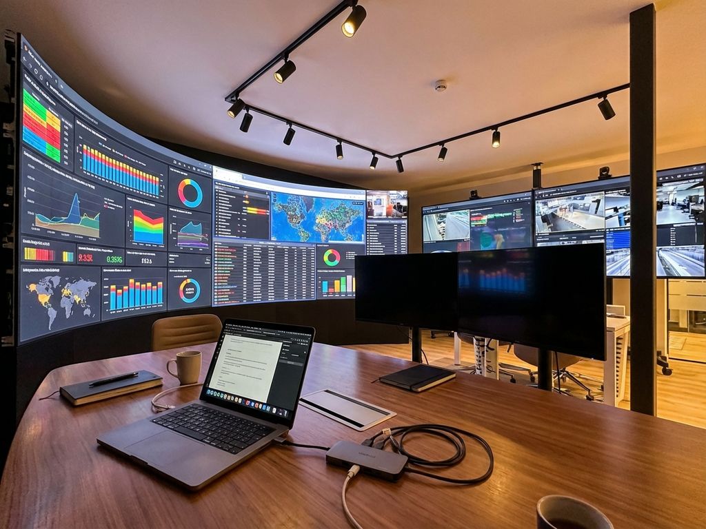 Moderne vergaderruimte met grote monitoren die kleurrijke presentaties en datavisualisaties tonen, laptop op houten tafel