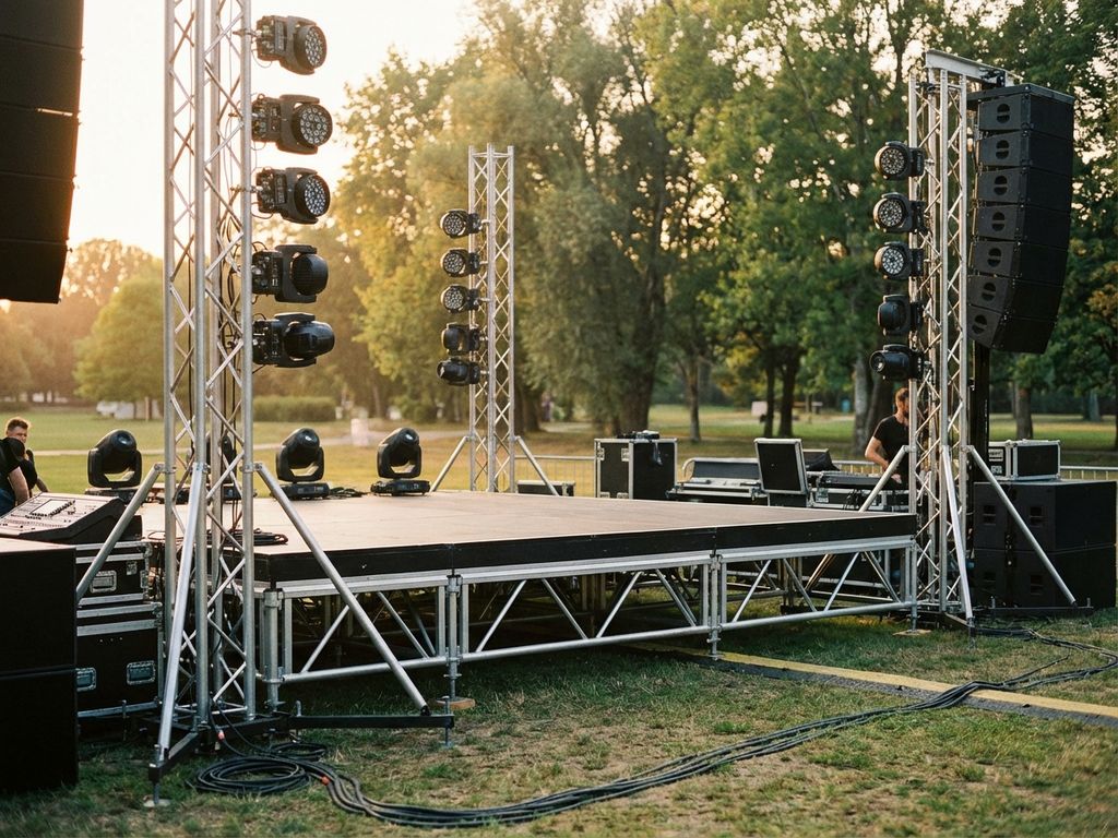Professioneel buitenpodium met zwarte staging, LED-verlichting, speakers en geluidapparatuur tijdens gouden uur