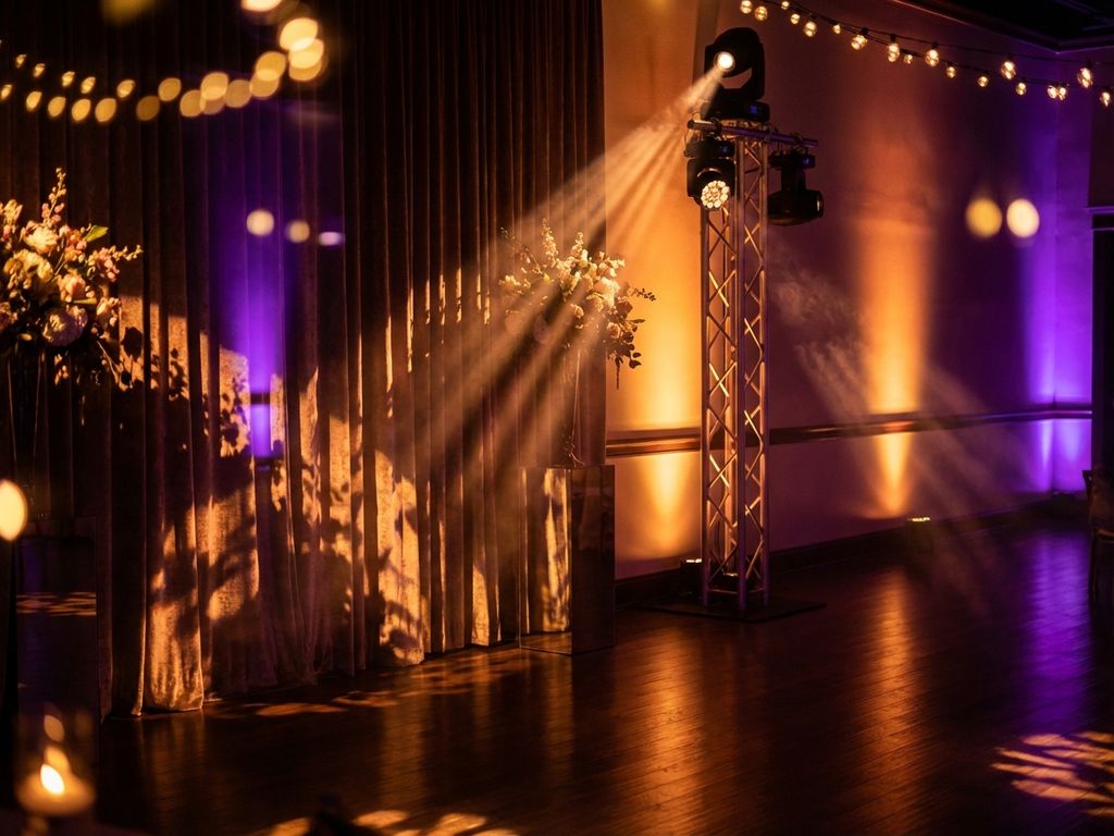 Elegante feestverlichting met warme amber en paarse LED-spots die dramatische sfeer creëren in luxe evenementenruimte