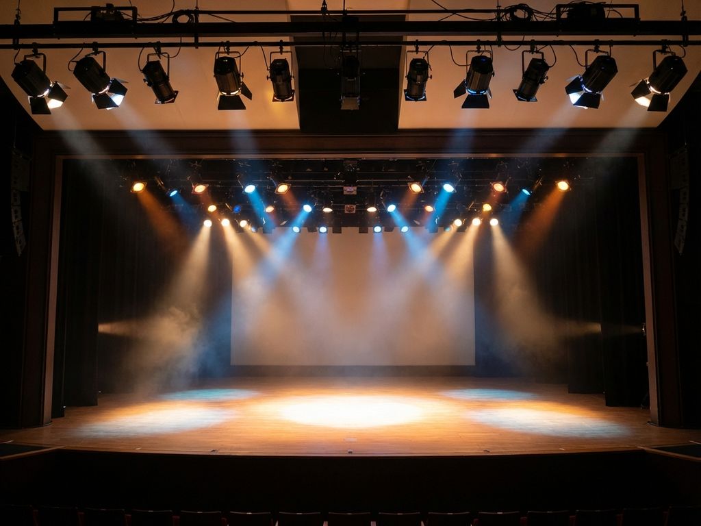 Professioneel verlicht podium met theaterspots die dramatische lichtstralen werpen vanuit bovenliggende rigging op lege presentatiescène