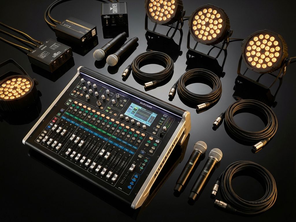 Professionele audioapparatuur met mengpaneel, microfoons en LED-verlichting gerangschikt op zwarte ondergrond